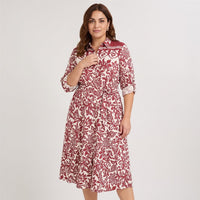 Vestido Midi Largo Manga Larga Roll Up Estampado Beige en modelo plus size