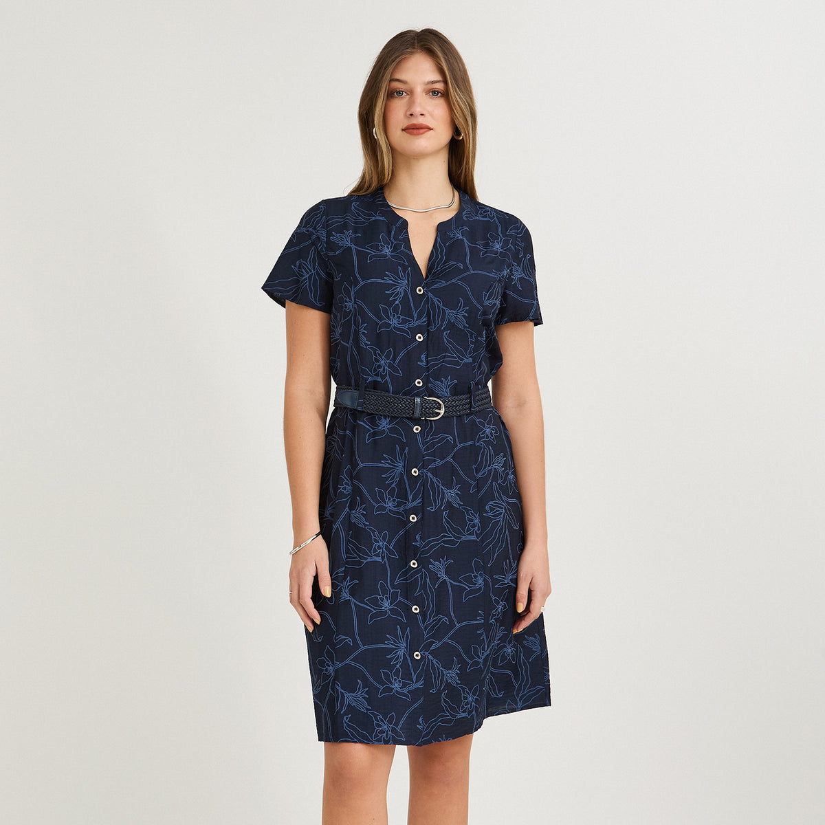 Vestido Midi Manga Corta Look Bordado Azul
