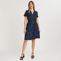 Vestido Midi Manga Corta Look Bordado Azul