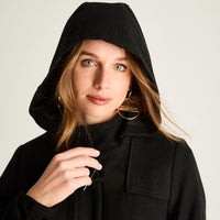 Abrigo Con Alamares Efecto Gamuza Y Gorro Manga Larga Negro