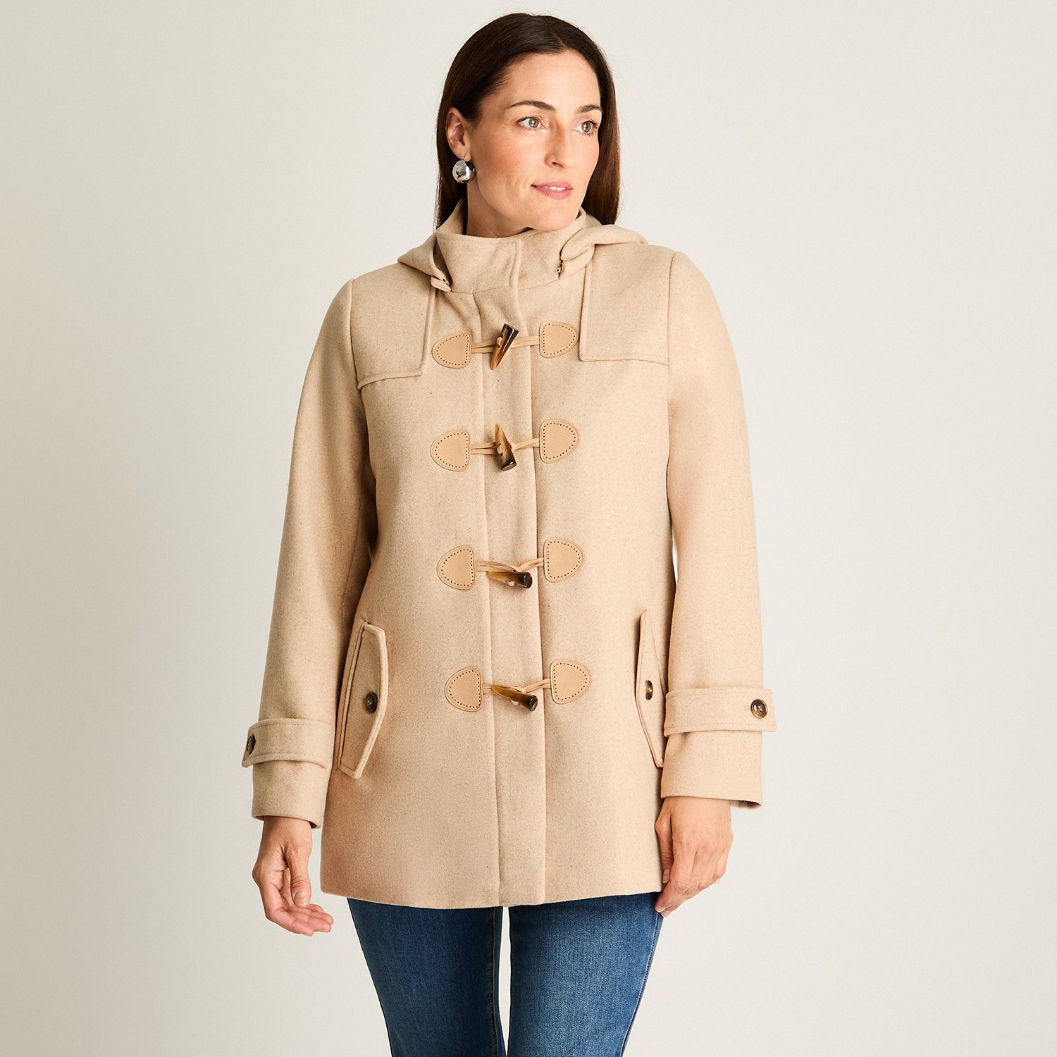 Abrigo Con Alamares Efecto Gamuza Y Gorro Manga Larga Beige