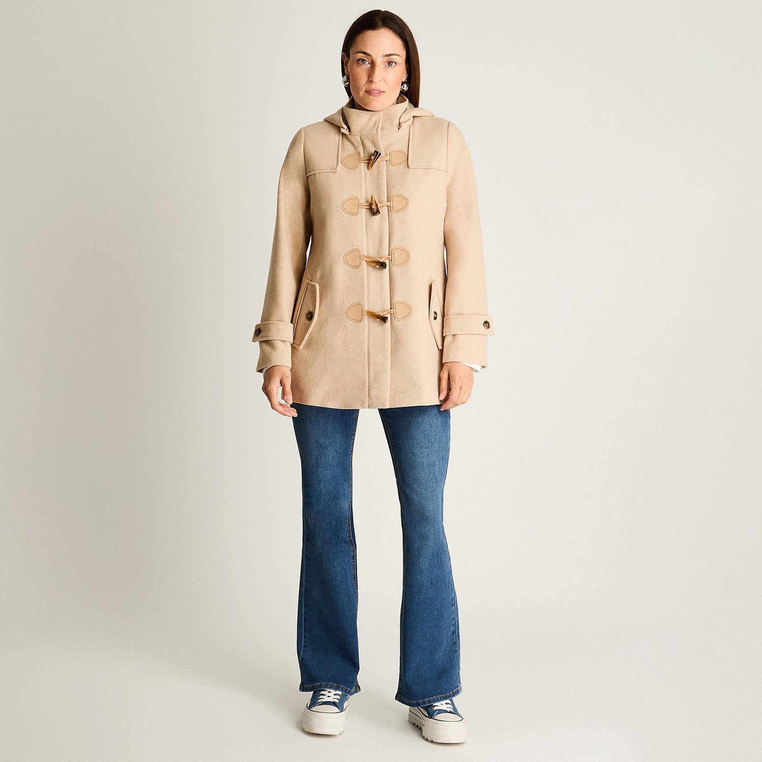 Abrigo Con Alamares Efecto Gamuza Y Gorro Manga Larga Beige