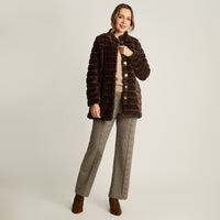 Abrigo Cafe Manga Larga Elasticidad Nula Con Forro Calce Normal Tela Plano