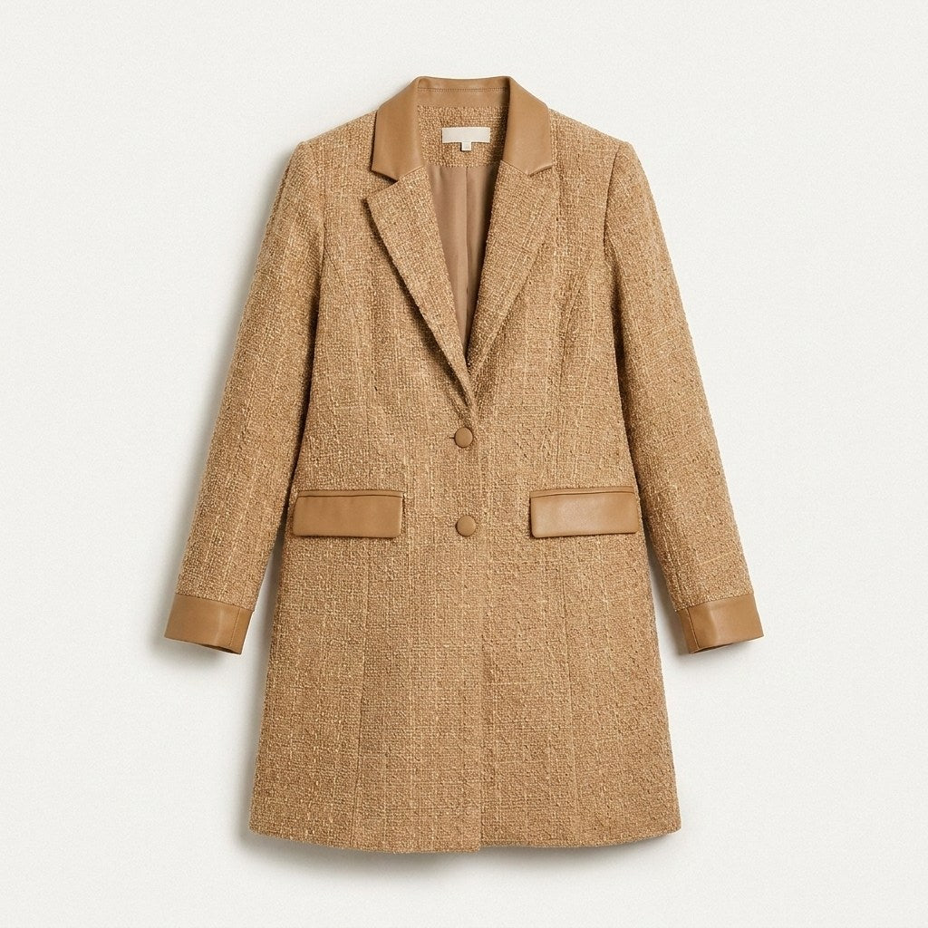 Abrigo Camel con Dos Botones y Detalles en Ecocuero en plano