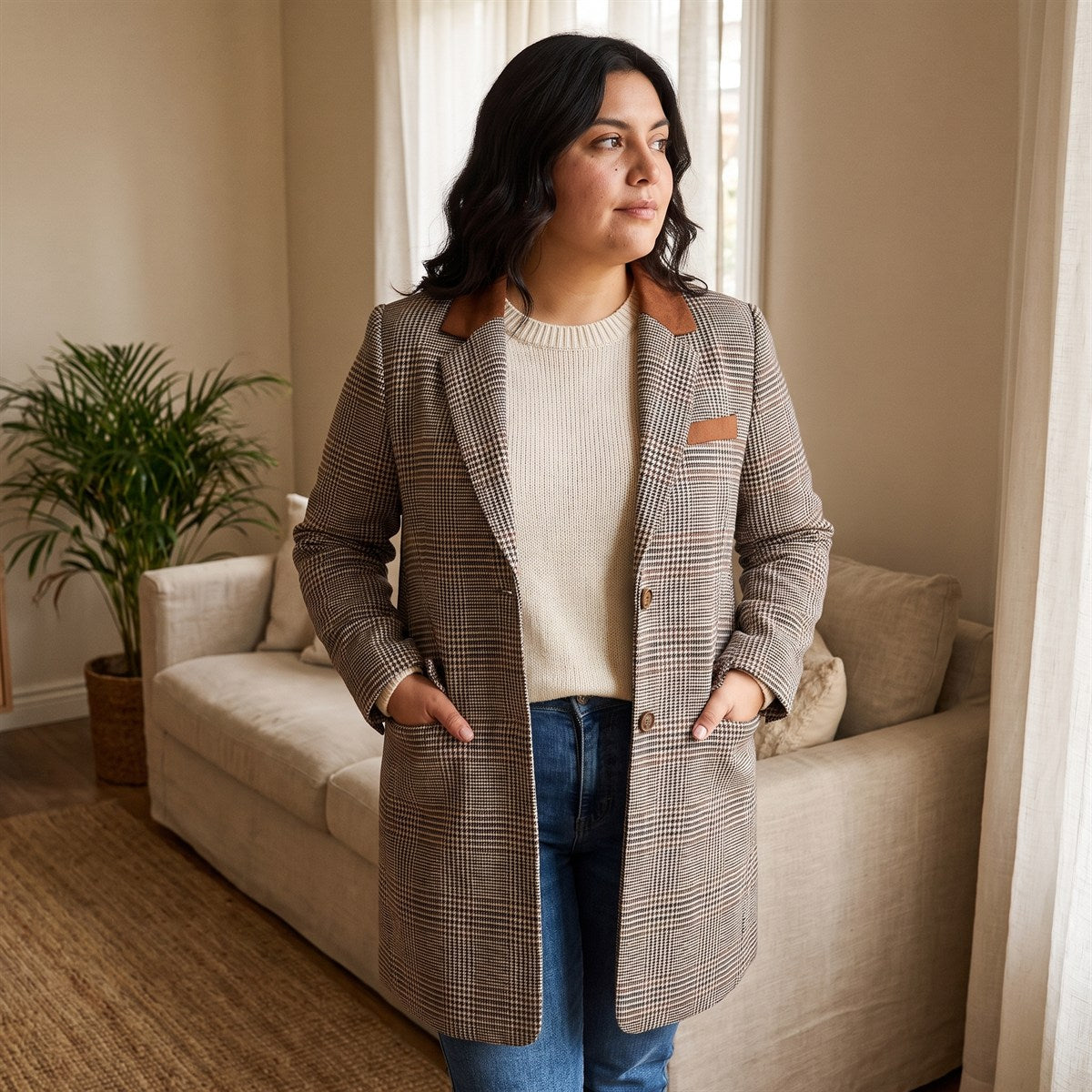 Abrigo de dos botones gris con estampado escocés y detalles en cuero lifestyle