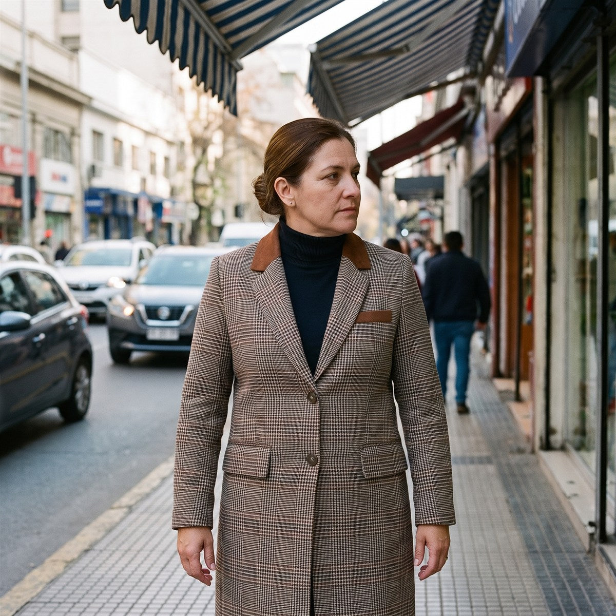 Abrigo de dos botones gris con estampado escocés y detalles en cuero lifestyle