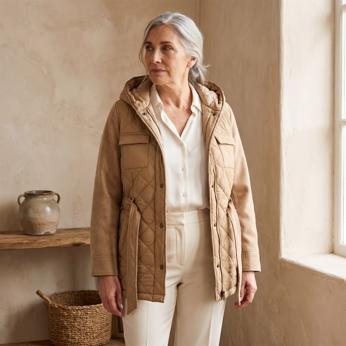Abrigo Camel con Capucha, Quilt y Amarra en Cintura lifestyle