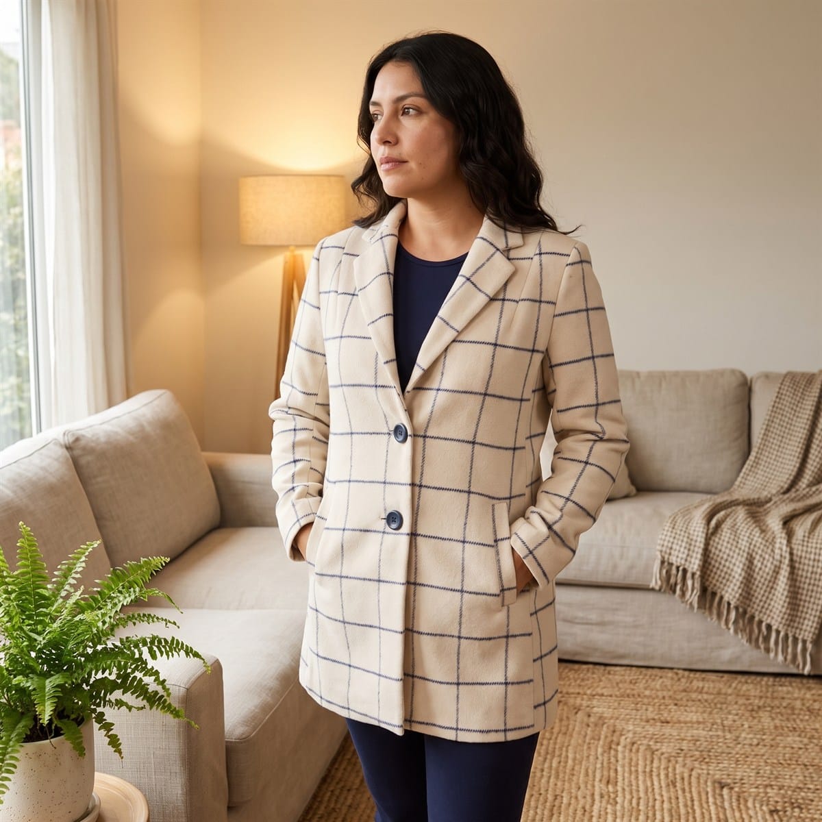 Abrigo Beige con Estampado a Cuadros y Dos Botones lifestyle