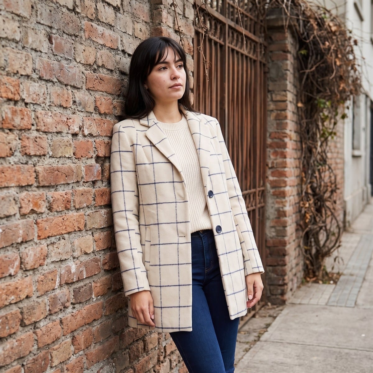 Abrigo Beige con Estampado a Cuadros y Dos Botones lifestyle