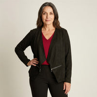 Chaqueta Suede Mujer DiseÃ±o AsimÃ©trico Negra en modelo adulta