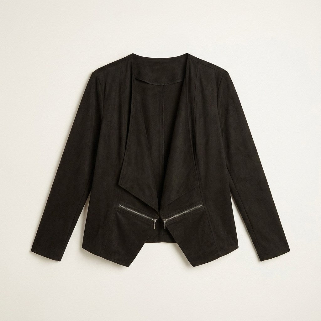 Chaqueta Suede Mujer Diseño Asimétrico Negra Manga Larga en plano