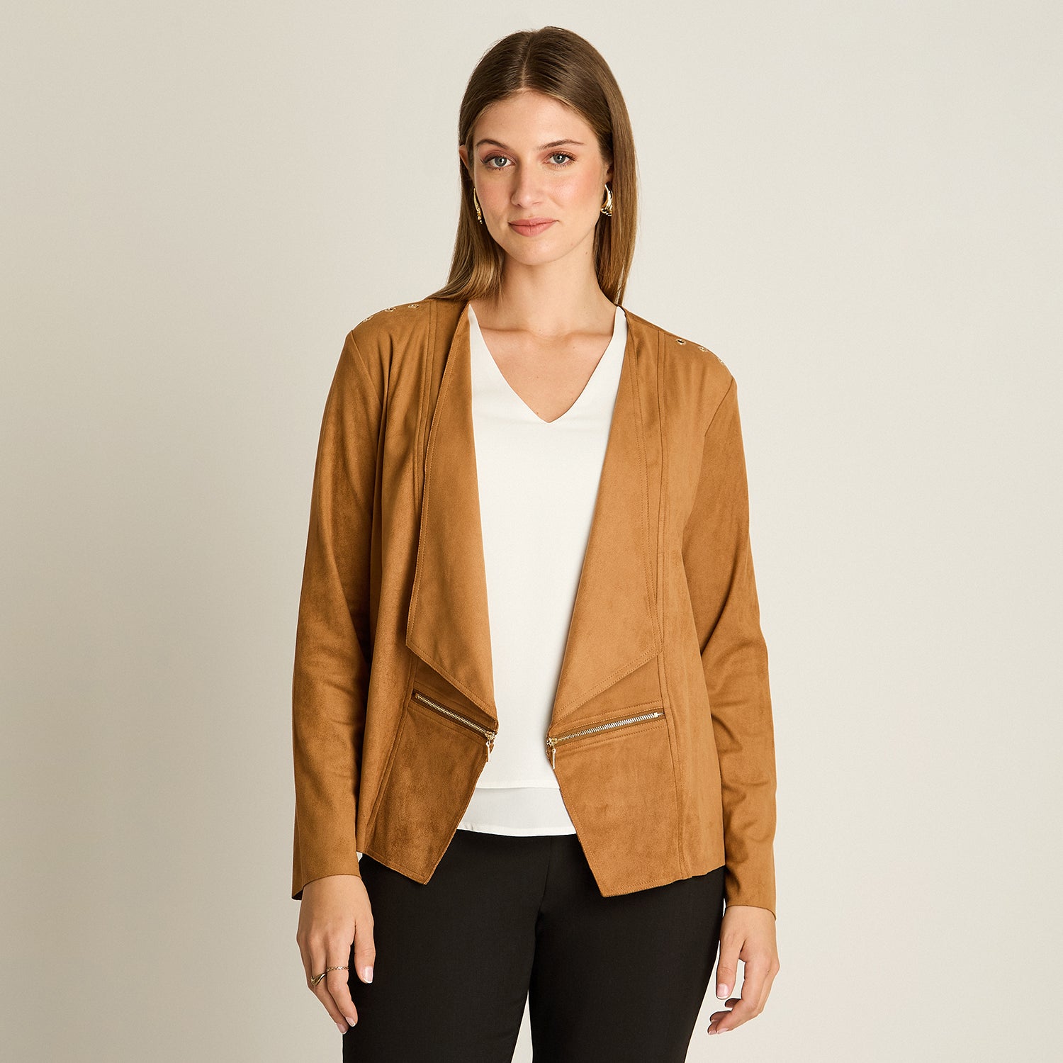 Chaqueta Camel Manga Larga Elasticidad Nula Sin Forro Calce Normal Tela Bonded