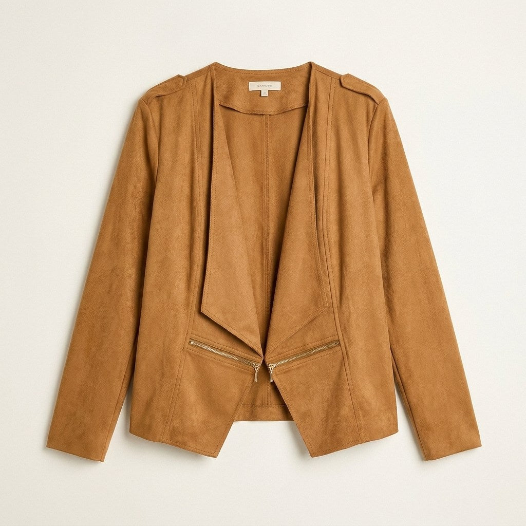 Chaqueta Suede Mujer Asimétrica Camel Manga Larga en plano