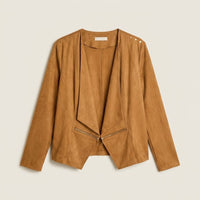 Chaqueta Suede Mujer Asimétrica Camel Manga Larga en plano