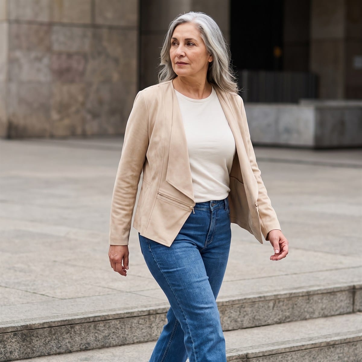 Chaqueta Suede Mujer Asimétrica Beige Manga Larga lifestyle