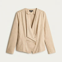 Chaqueta Suede Mujer Asimétrica Beige Manga Larga en plano