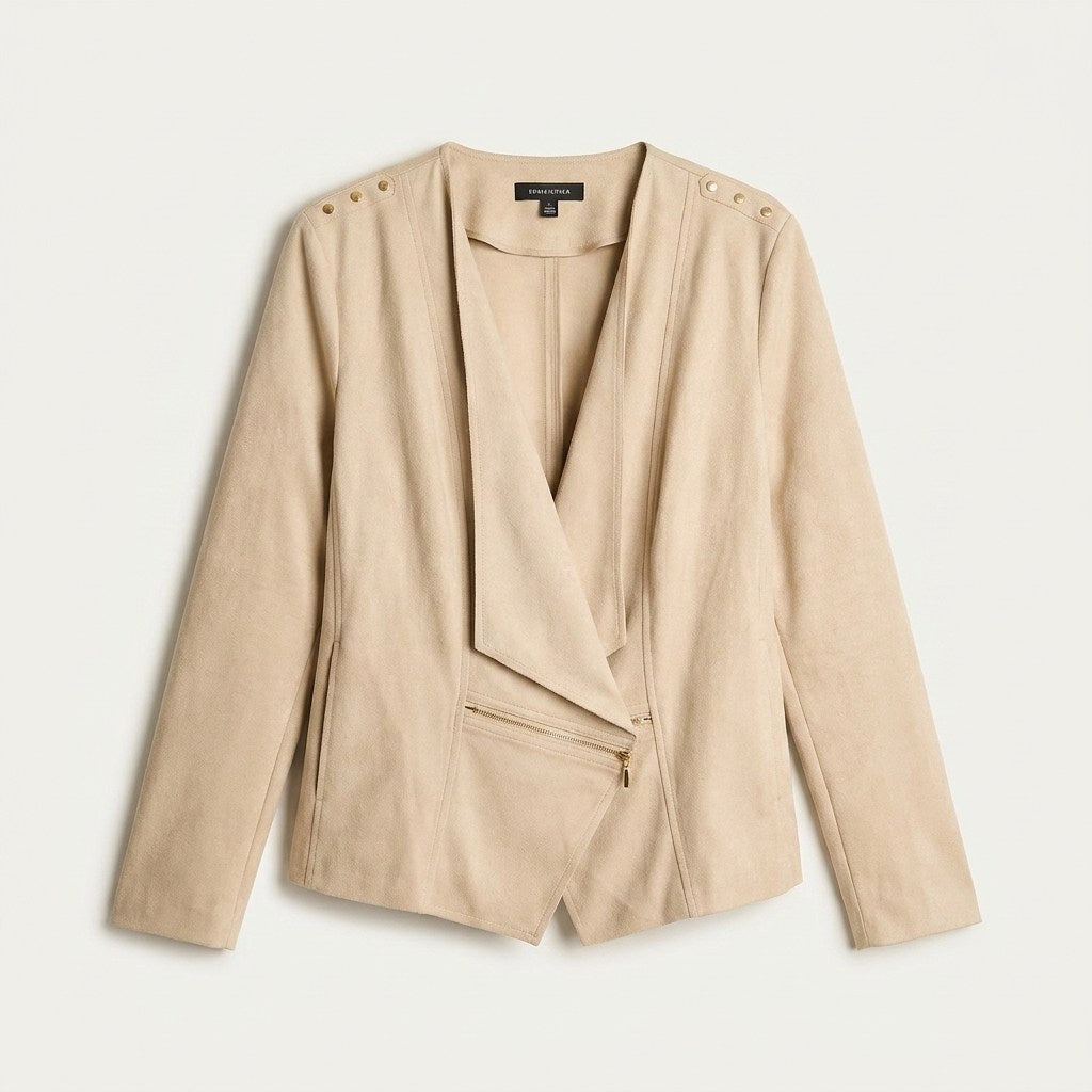 Chaqueta Suede Mujer Asimétrica Beige Manga Larga en plano