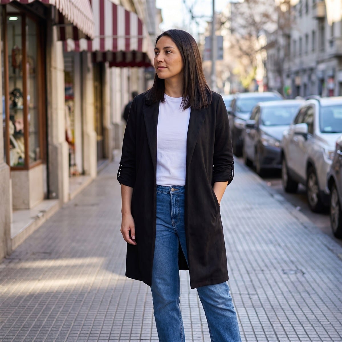 Chaqueta Suede Mujer Manga Roll Up con Bolsillos Negra lifestyle