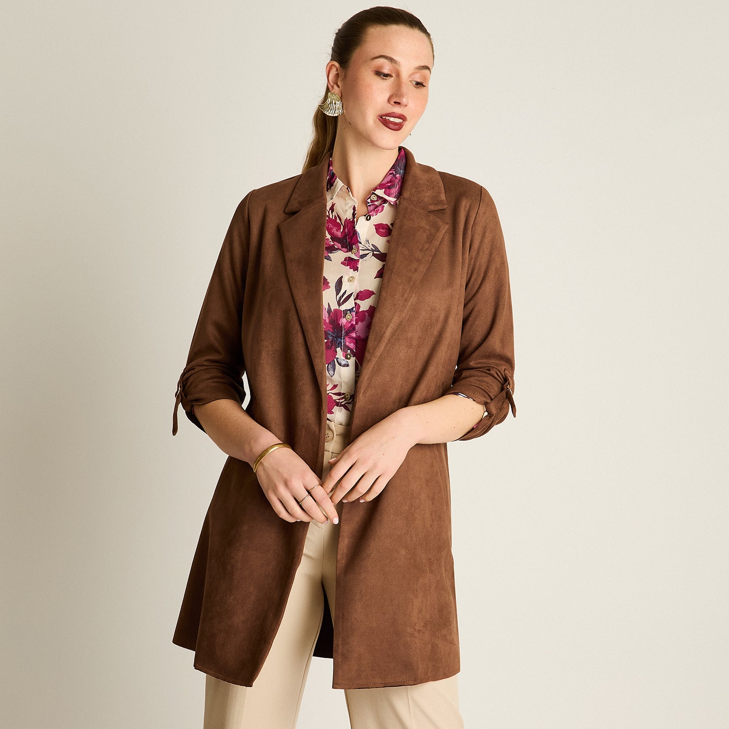 Chaqueta Cafe Manga Larga Elasticidad Nula Sin Forro Calce Normal Tela Bonded