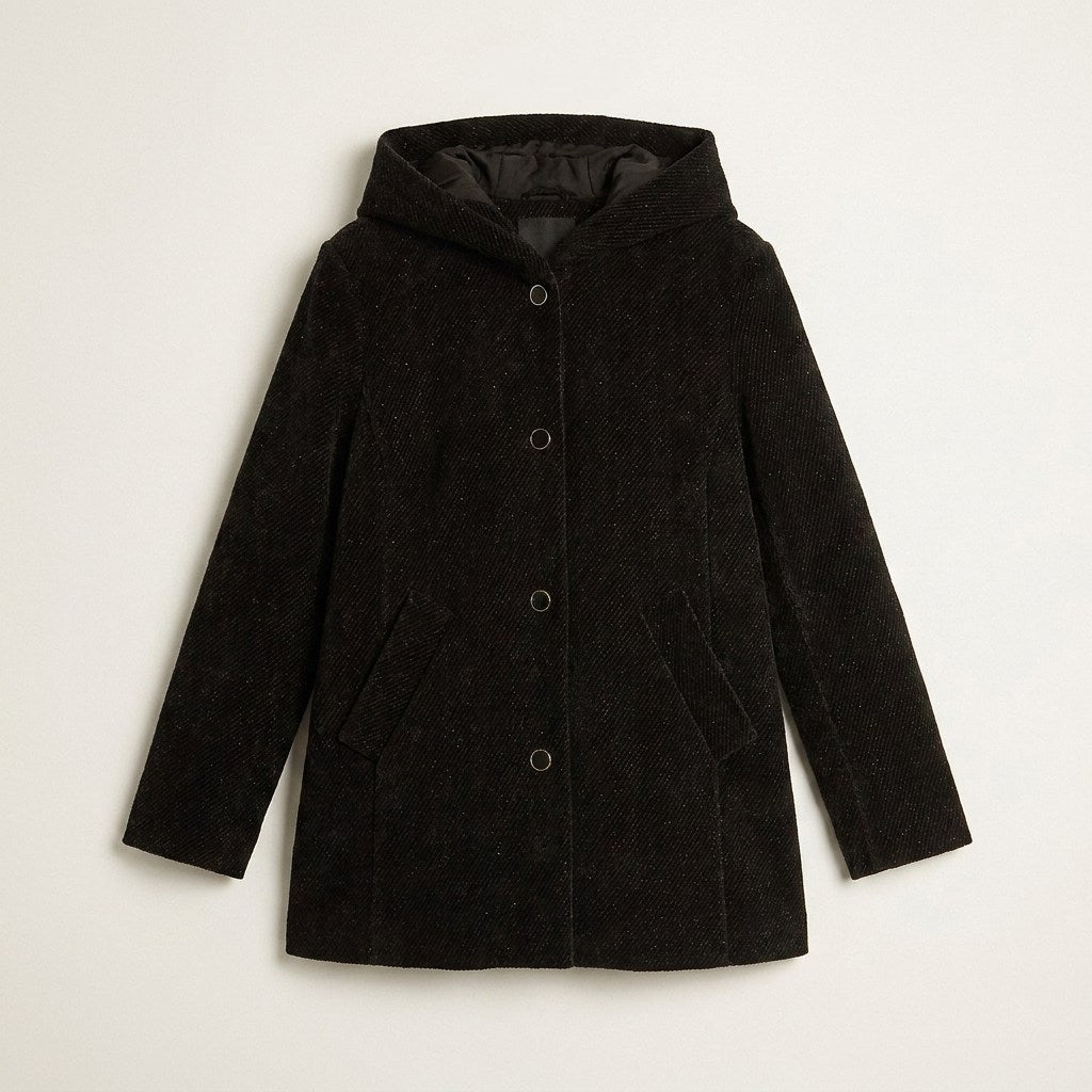 Chaqueta Negra con Lúrex, Gorro y Bolsillos en plano