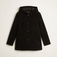 Chaqueta Negra con Lúrex, Gorro y Bolsillos en plano