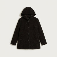 Chaqueta Negra con Lúrex, Gorro y Bolsillos en plano