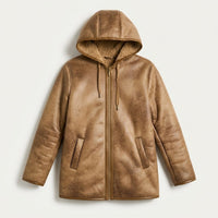 Chaqueta Camel de Ecocuero con Gorro y Forro Sherpa en plano