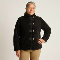 Chaqueta Negra de Sherpa con Botones y Detalles en Ecocuero en modelo adulta