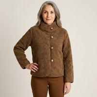 Chaqueta Cafe de Sherpa con Botones y Detalles en Ecocuero en modelo adulta