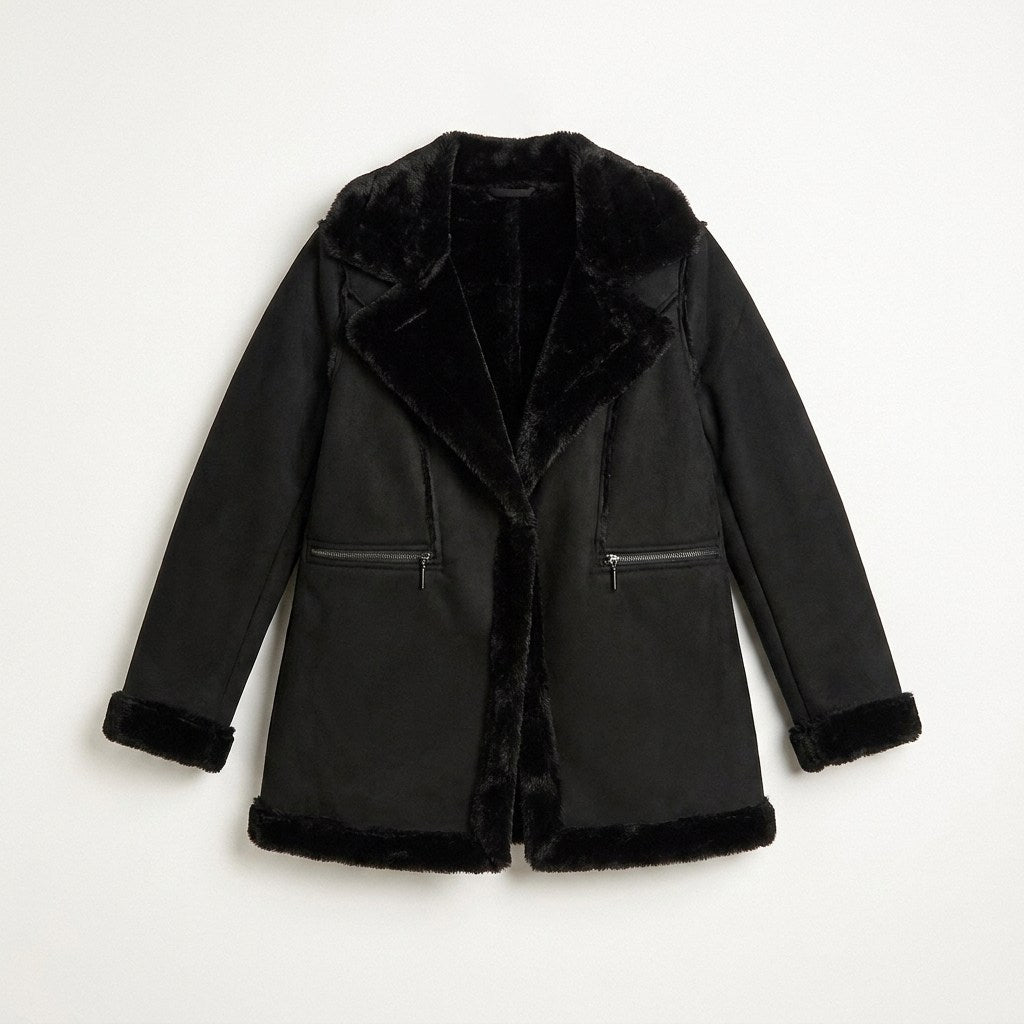 Chaqueta Negra de Suede con Forro Sherpa y Solapa Amplia en plano