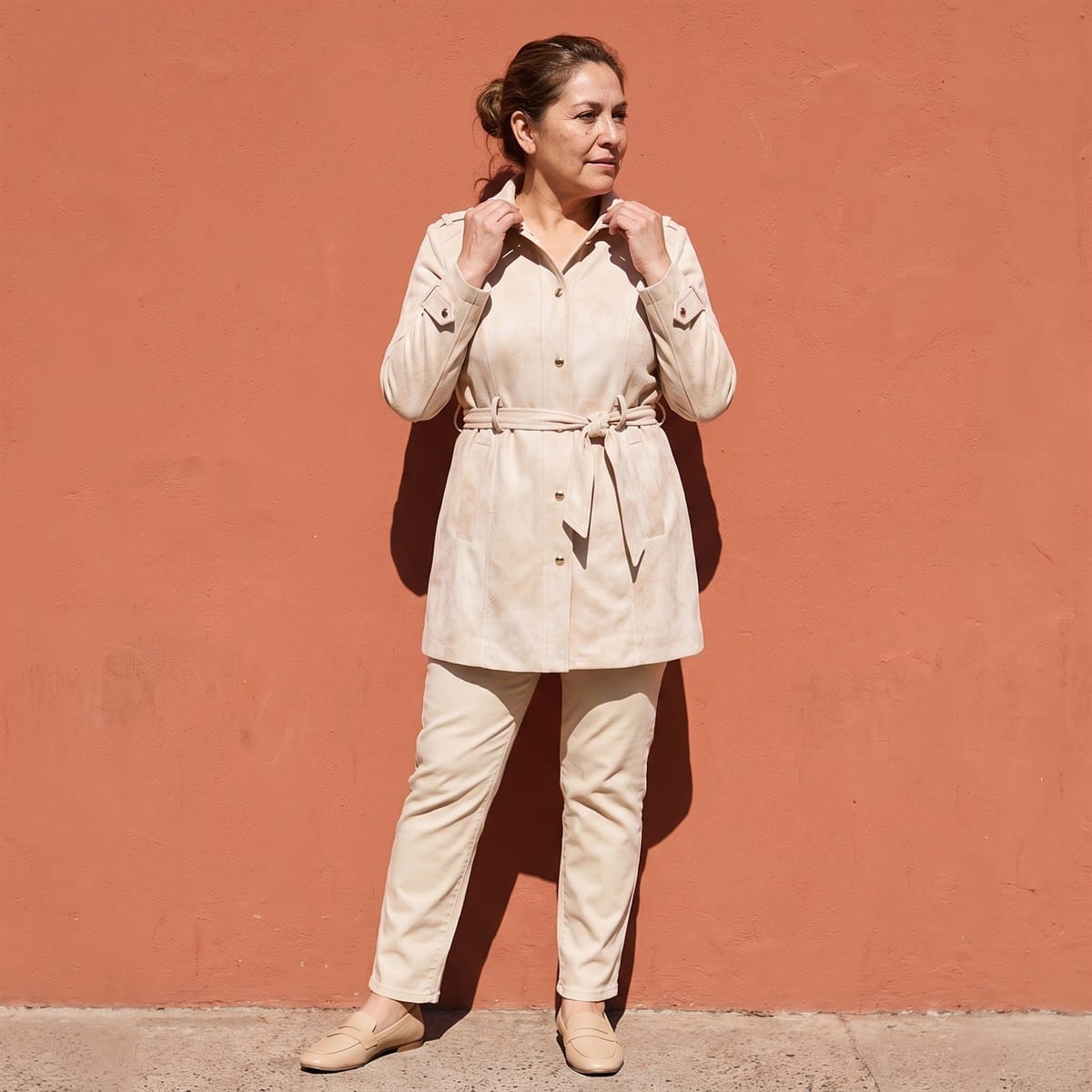 Casaca Larga de Suede con Botones Dorados y Cinturón Amarillo lifestyle