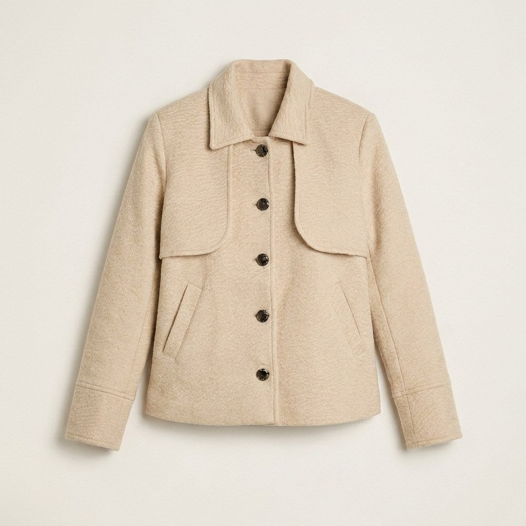 Chaqueta Beige con Botones y Cuello con Solapa en plano