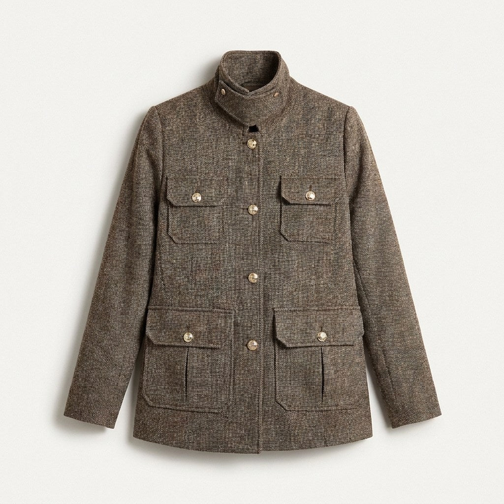 Chaqueta Café Estilo Casaca con Estampado Geométrico Clásico y Bolsillos en plano