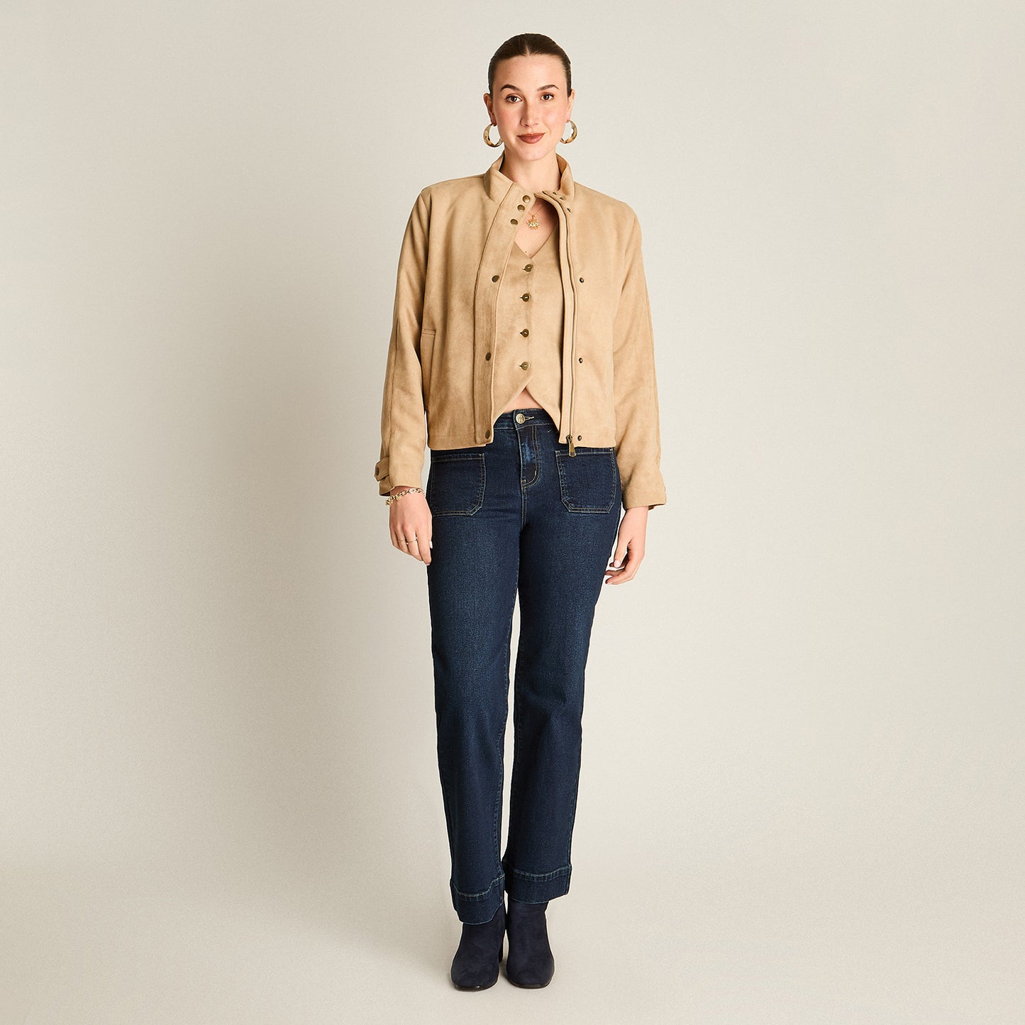 Chaqueta Camel Bomber Suede Bolsillos - Lorenzo di Pontti
