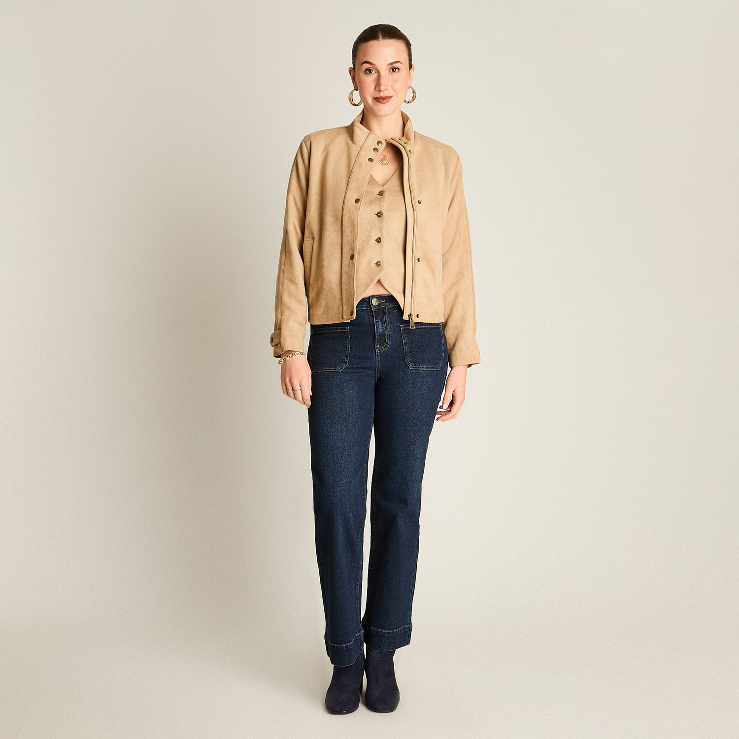 Chaqueta Camel Bomber Suede Bolsillos - Lorenzo di Pontti