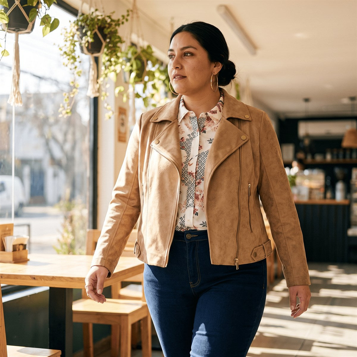 Casaca Biker de Suede Camel lifestyle