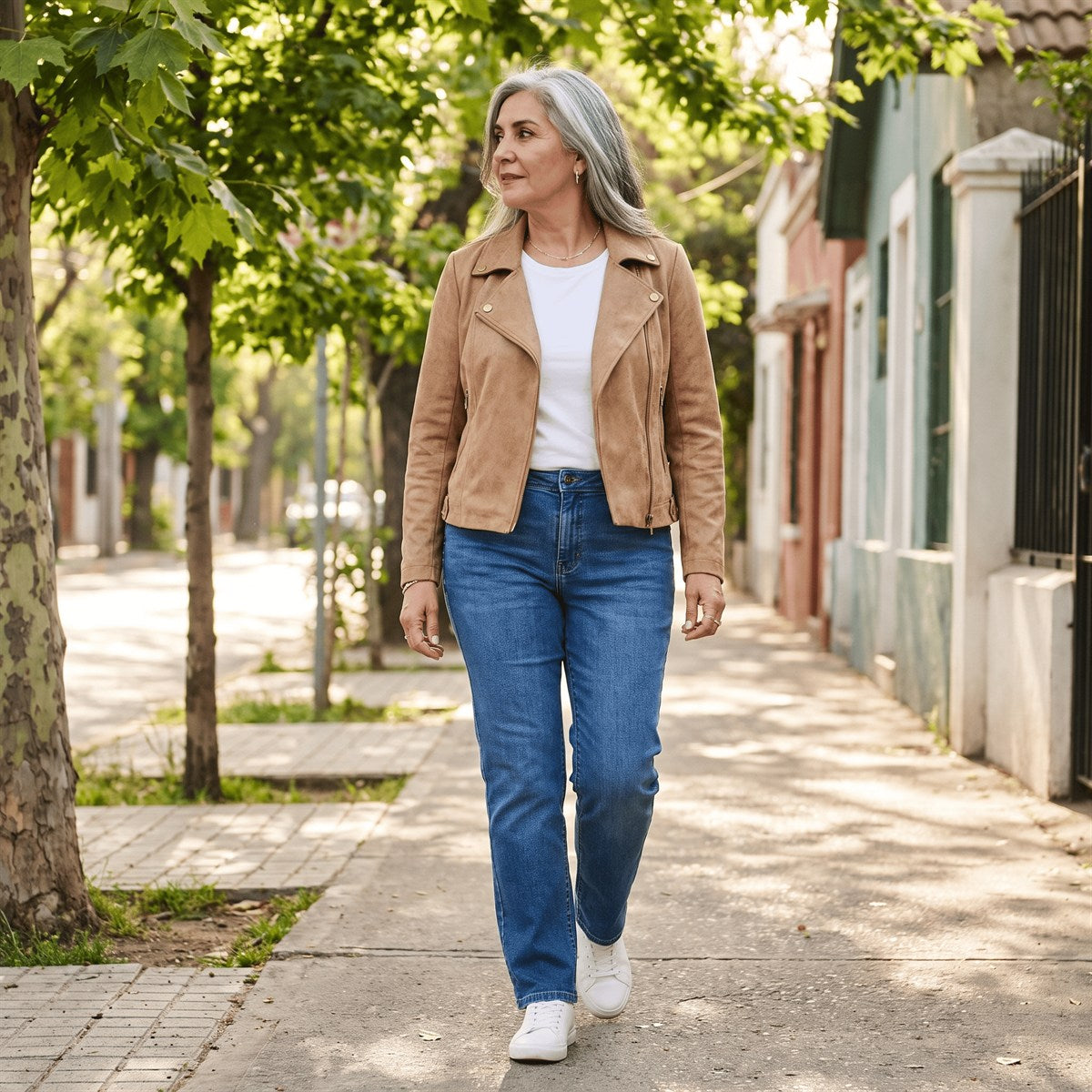 Casaca Biker de Suede Camel lifestyle