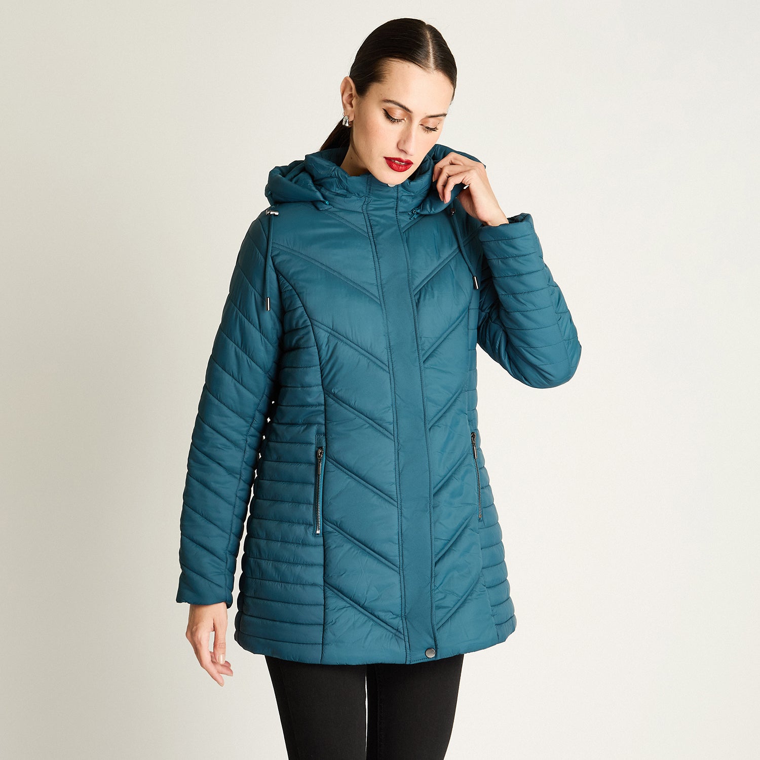 Parka Larga Con Cierre Frontal Y Gorro Petróleo