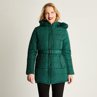 Parka Larga Gruesa Forrada Con Cinturón Verde