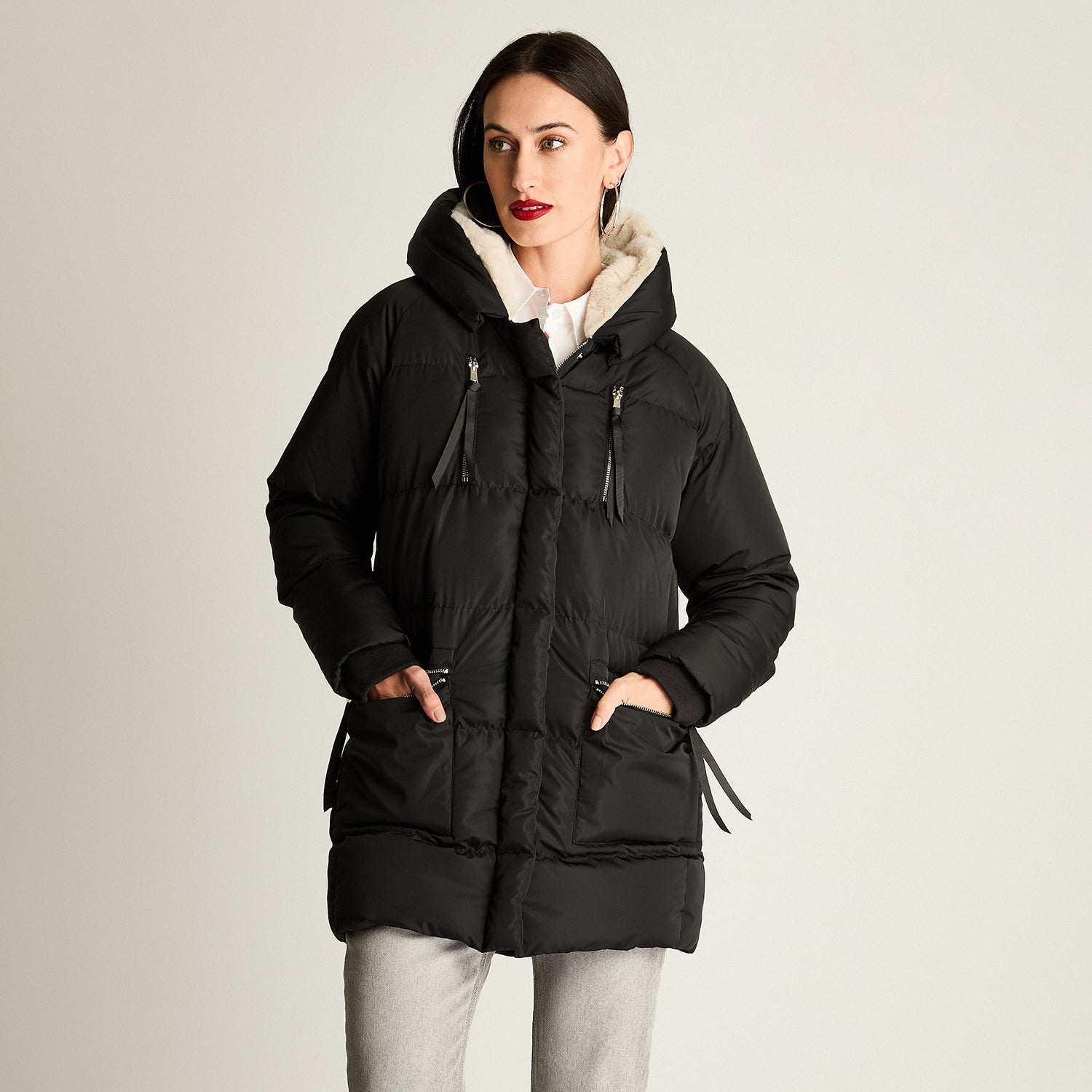 Parka Con Aplicación De Piel En Capucha Negro