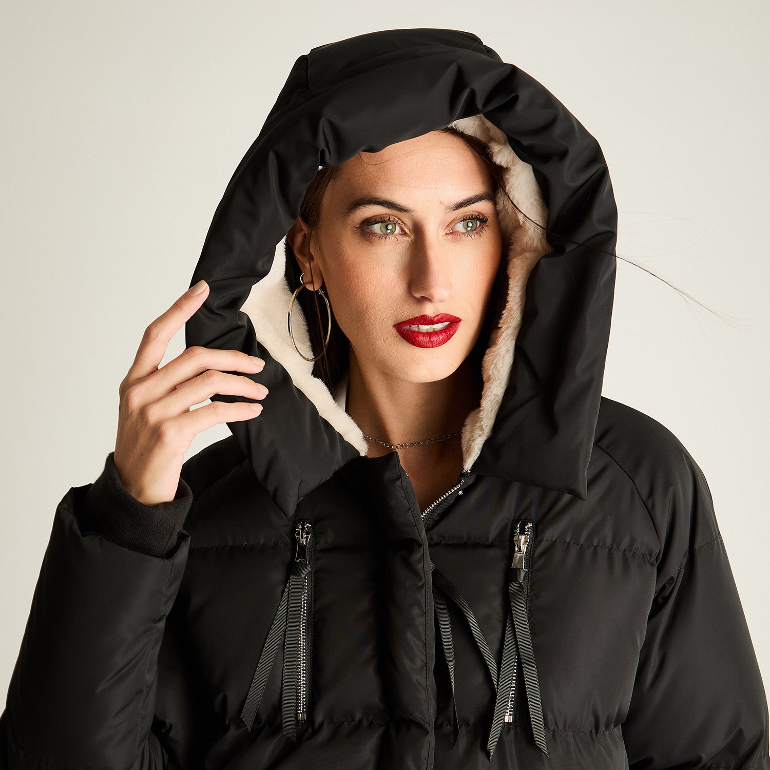 Parka Con Aplicación De Piel En Capucha Negro