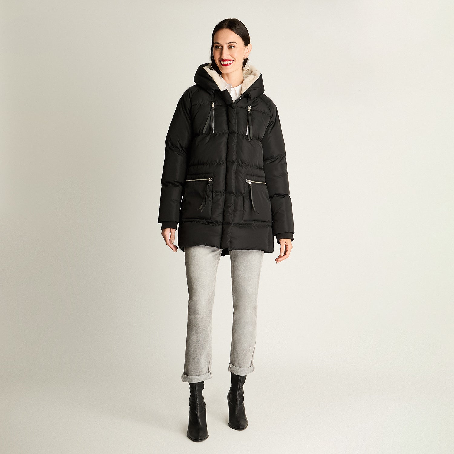 Parka Con Aplicación De Piel En Capucha Negro