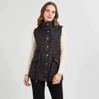 Parka sin mangas larga negra con ajustador de cintura