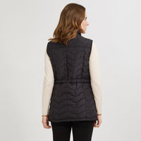 Parka sin mangas larga negra con ajustador de cintura