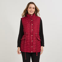 Parka sin mangas larga roja con ajustador de cintura