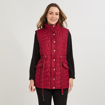 Parka sin mangas larga roja con ajustador de cintura