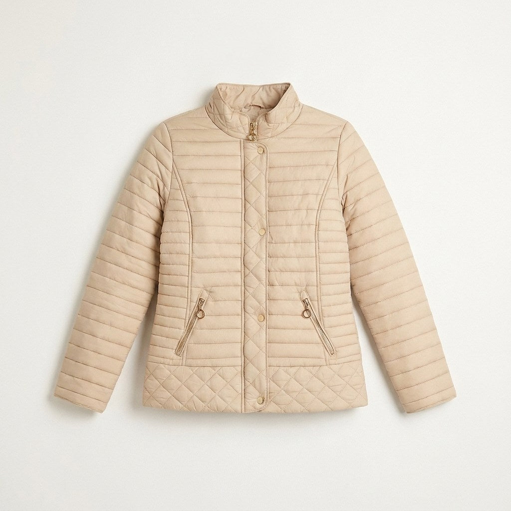 Parka Beige Acolchada Manga Larga con Bolsillos con Cierre en plano