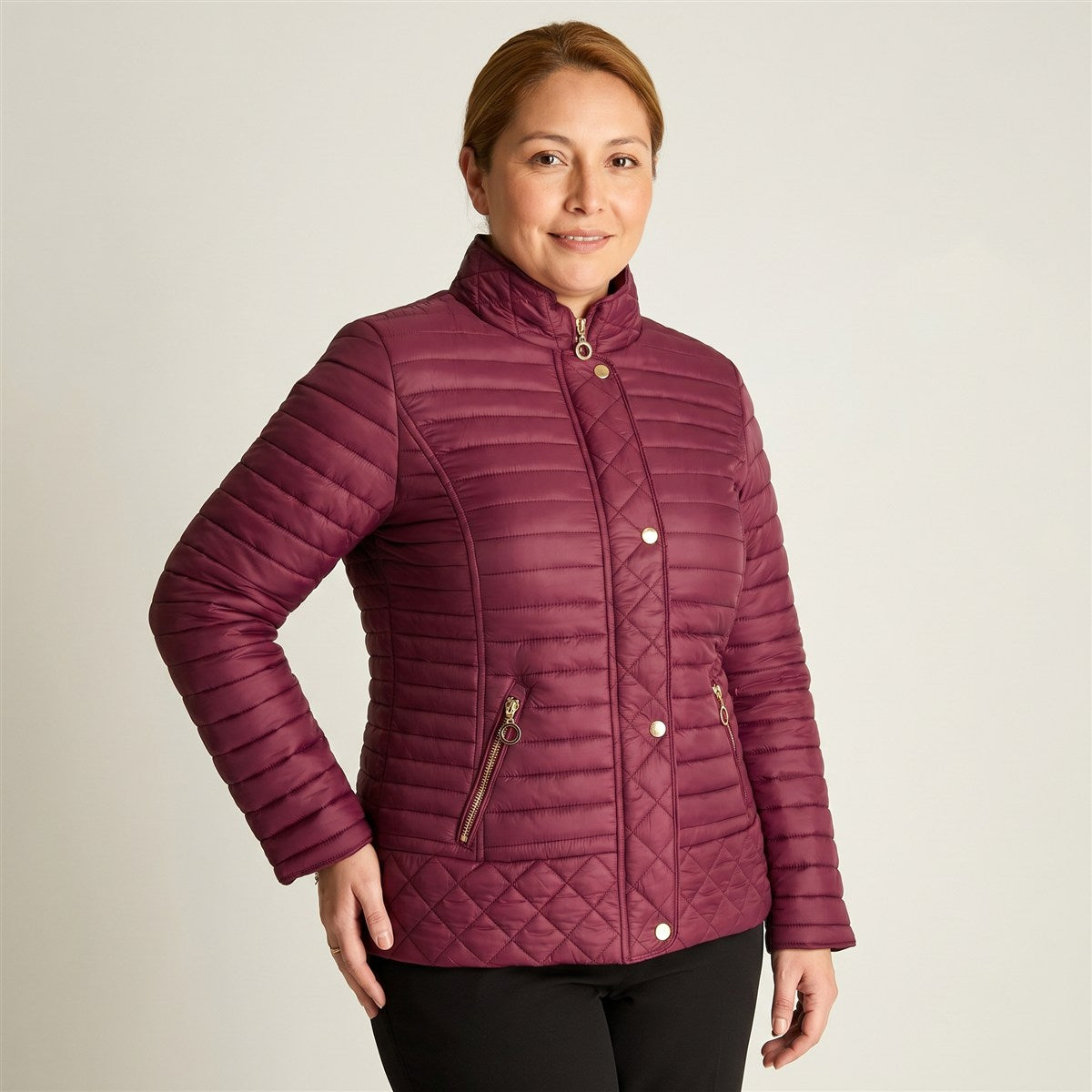 Parka Burdeo Acolchada Manga Larga con Bolsillos con Cierre en modelo plus size