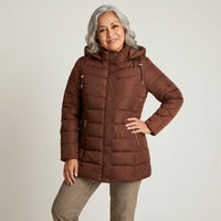 Parka Larga CafÃ© con Gorro y DiseÃ±o Quilted en modelo adulta