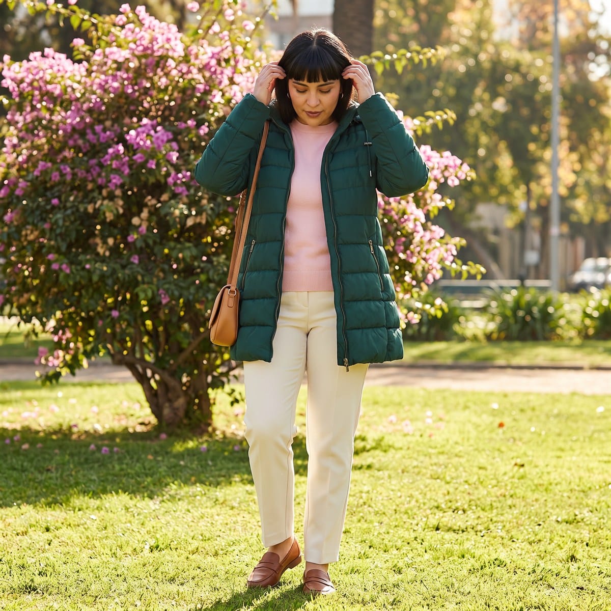 Parka Larga Verde con Gorro y Diseño Quilted lifestyle